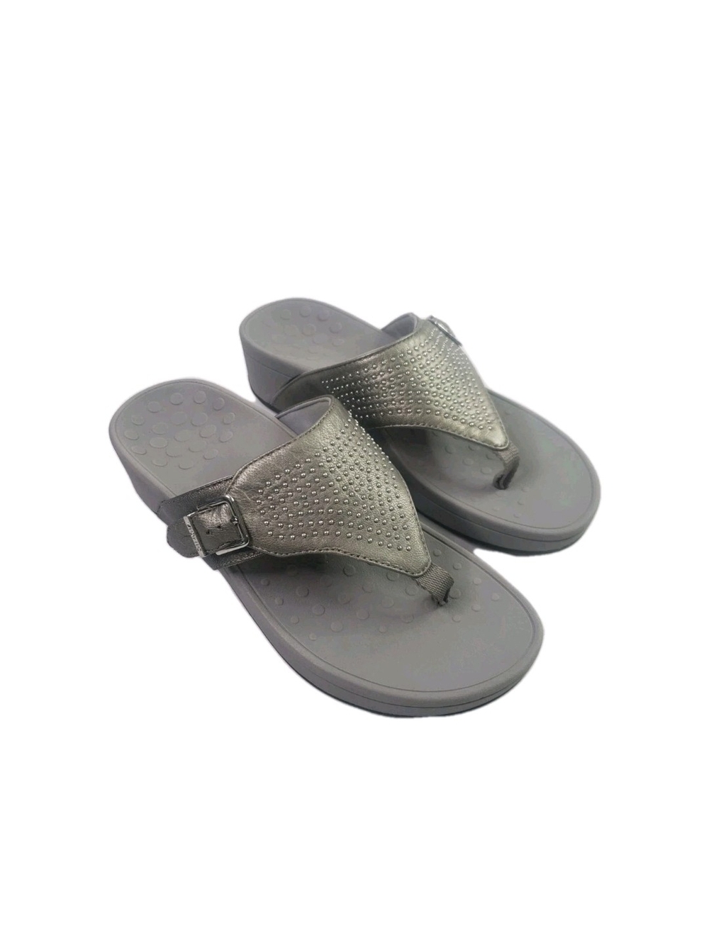 Vionic Metallic Gray Wedge Thong Sandals with Buckle Womens Size 8